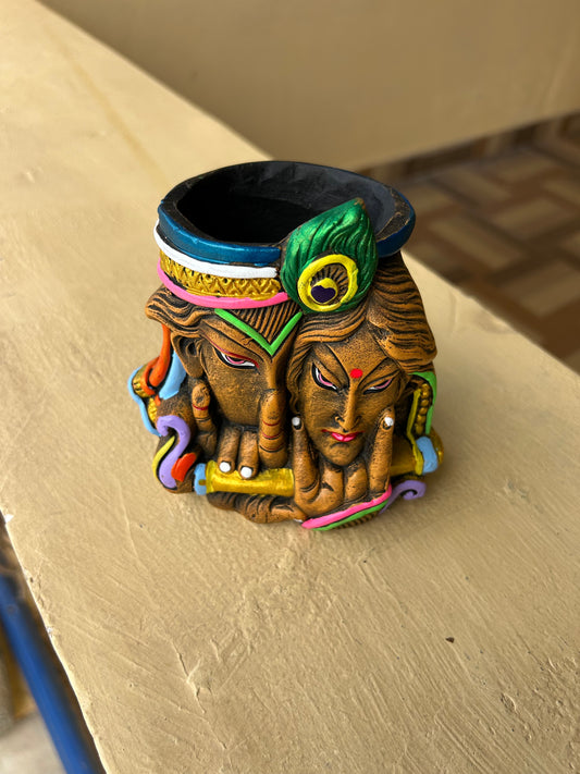 Handcrafted Krishna-Radha Terracotta Pen Stand – Traditional Art Home & Office Décor