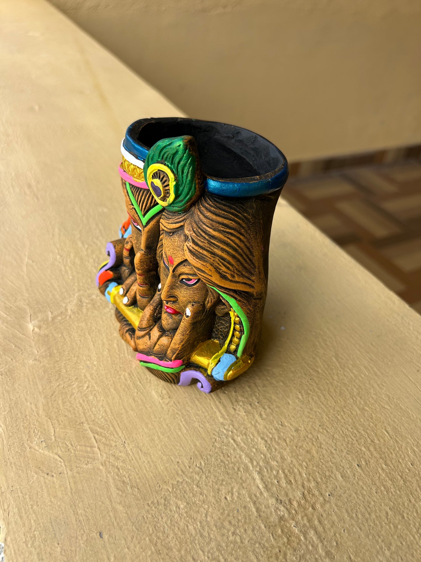 Handcrafted Krishna-Radha Terracotta Pen Stand – Traditional Art Home & Office Décor