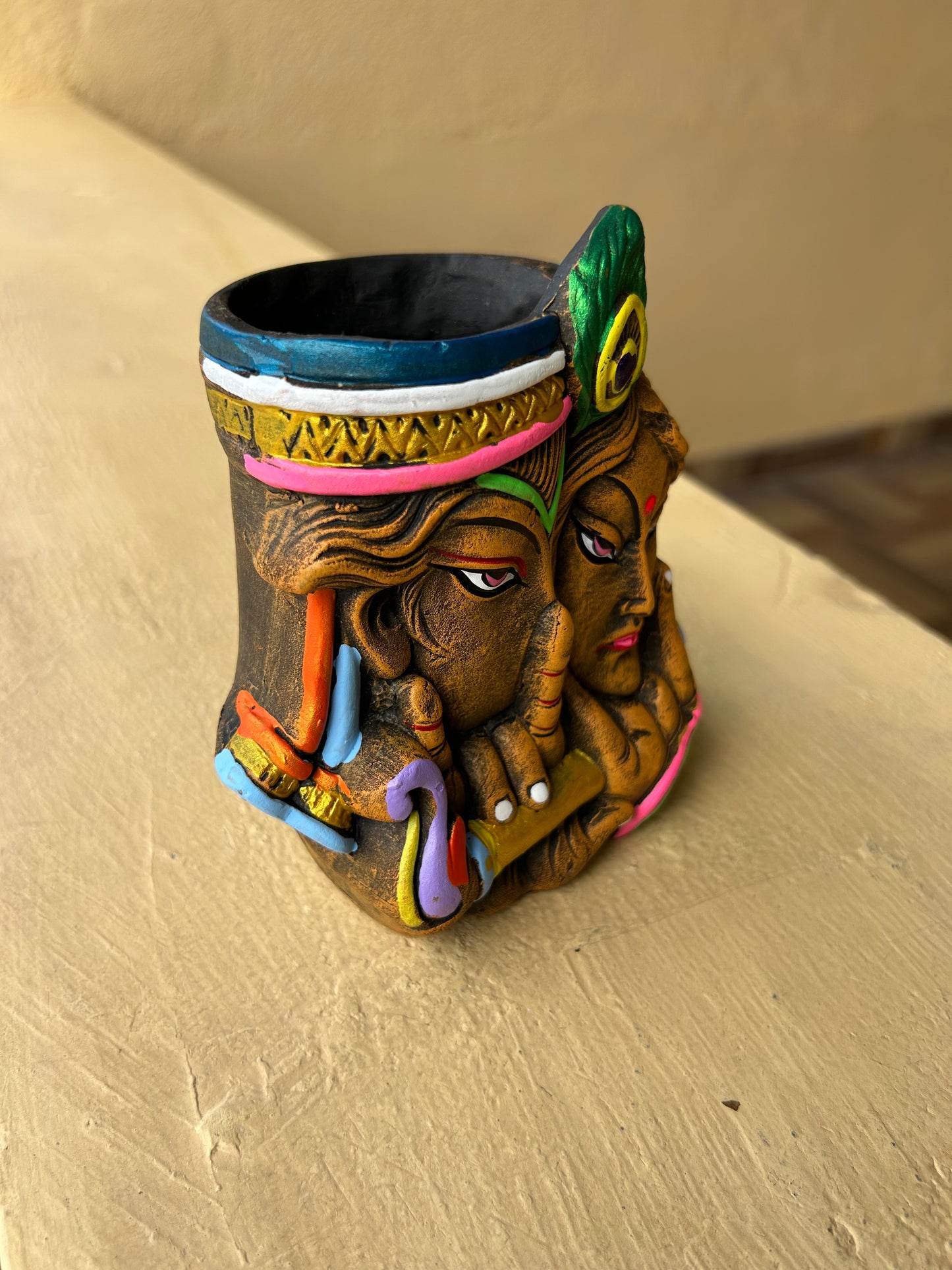 Handcrafted Krishna-Radha Terracotta Pen Stand – Traditional Art Home & Office Décor
