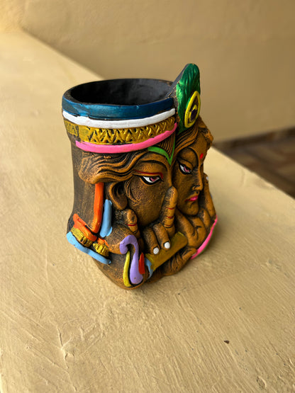 Handcrafted Krishna-Radha Terracotta Pen Stand – Traditional Art Home & Office Décor
