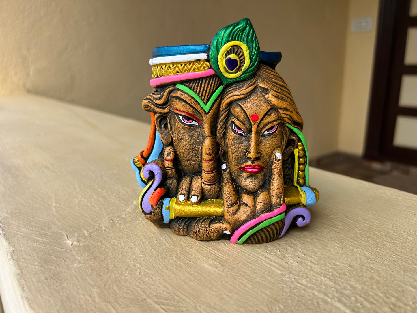 Handcrafted Krishna-Radha Terracotta Pen Stand – Traditional Art Home & Office Décor